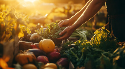 Harvesting Fresh Produce: Hand Selecting Organic Vegetables in Golden Sunlight