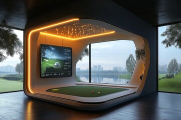 Futuristic indoor golf sumulator. A modern interior with a golf field