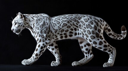 a walking white panther head held high proud yet bewitching gaze, ocelot pattern full body side view on light black background