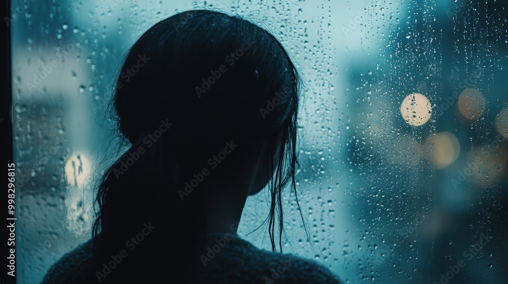 Poster a lone figure stands at a window, observing raindrops trickle down the glass, immersed in thoughts o