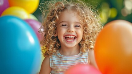 Adorable 5 year old girl with curly blonde hair playing with colorful balloons outdoors, laughing joyfully. Children toys, party supplies, childcare services.