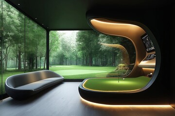 Futuristic indoor golf sumulator. A modern interior with a golf field