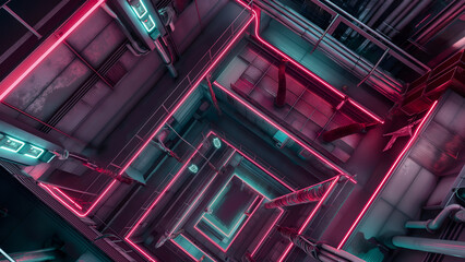 Obraz premium Cyberpunk RPG Battle Map for Sci-Fi DnD, Top-Down View Map for TTRPG Sessions, Urban Adventure Game Background with Neon Lights and Futuristic Cityscapes, Digital RPG Asset for Virtual Tabletop Play