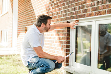 Man inspecting house window outside on day light