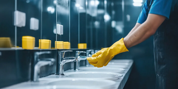 Diligent Maintainer: A janitor diligently cleaning a public restroom.