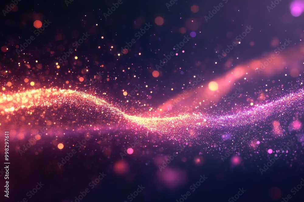 Poster lively text motion with colorful light effects and particle elements set on a dark background