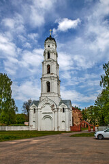 Fototapeta premium A tall bell tower 60 meters high. Pustynsky Holy Dormition Monastery. Mstislavsky District. Mogilev Region. Belarus