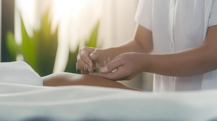 Acupuncture Treatment: Close-up of Practitioner Inserting Needles during Therapy Session