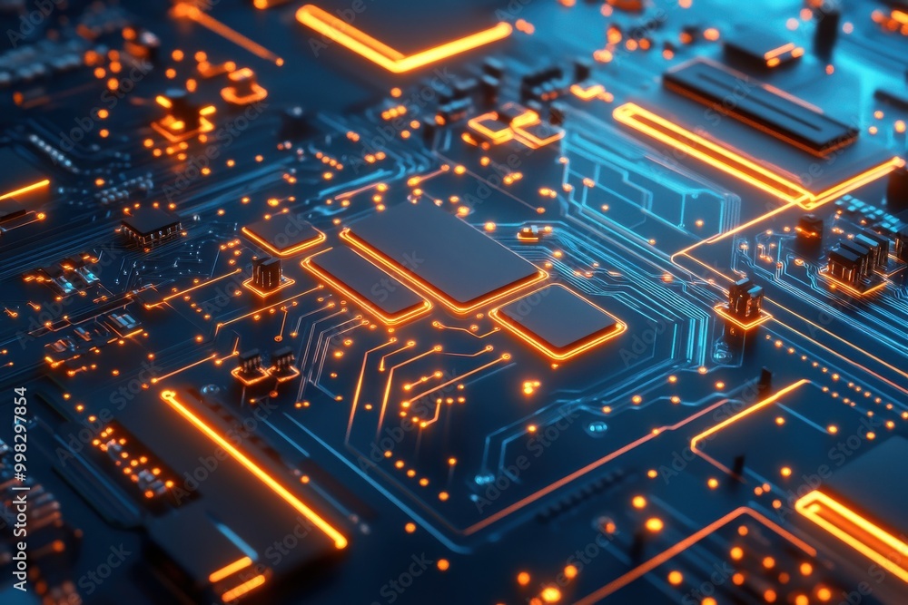 Poster illuminated nodes on a circuit board against a blue background showcasing digital patterns and anima