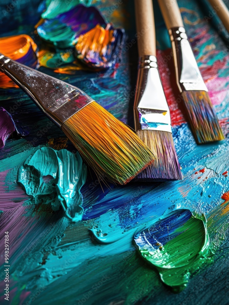 Poster a colorful palette with bright splashes of paint and brushes lays on a canvas showcasing dynamic abs