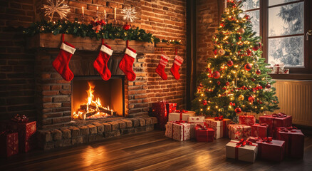 A cozy living room decorated for Christmas with a fireplace, stockings hanging on the wall above it, and presents scattered around the floor. 