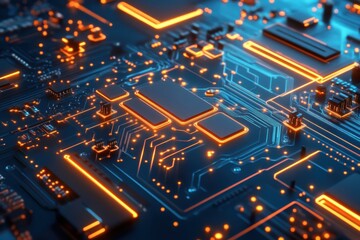 Obraz premium Illuminated nodes on a circuit board against a blue background showcasing digital patterns and animation
