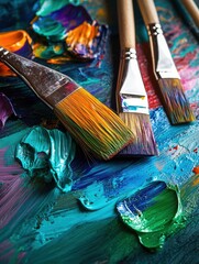 Obraz premium A colorful palette with bright splashes of paint and brushes lays on a canvas showcasing dynamic abstract brushstrokes. Generative AI