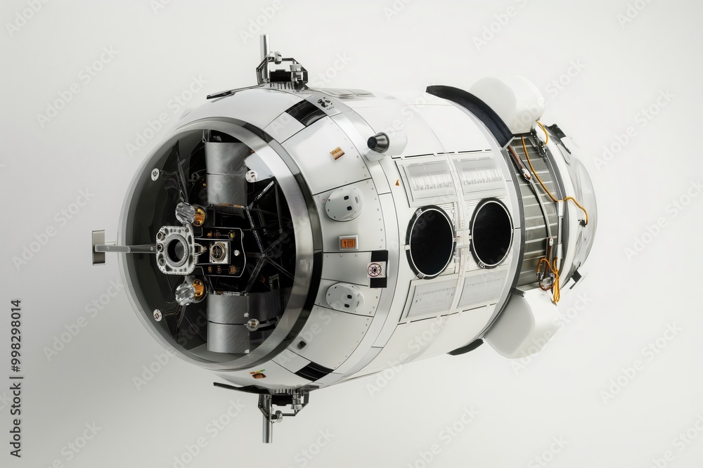 Poster orbital module isolated on white background showing docking station and heat management system