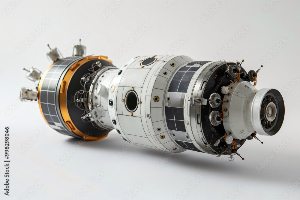 Aufkleber orbital module spacecraft with solar panels and docking station floating on a white background
