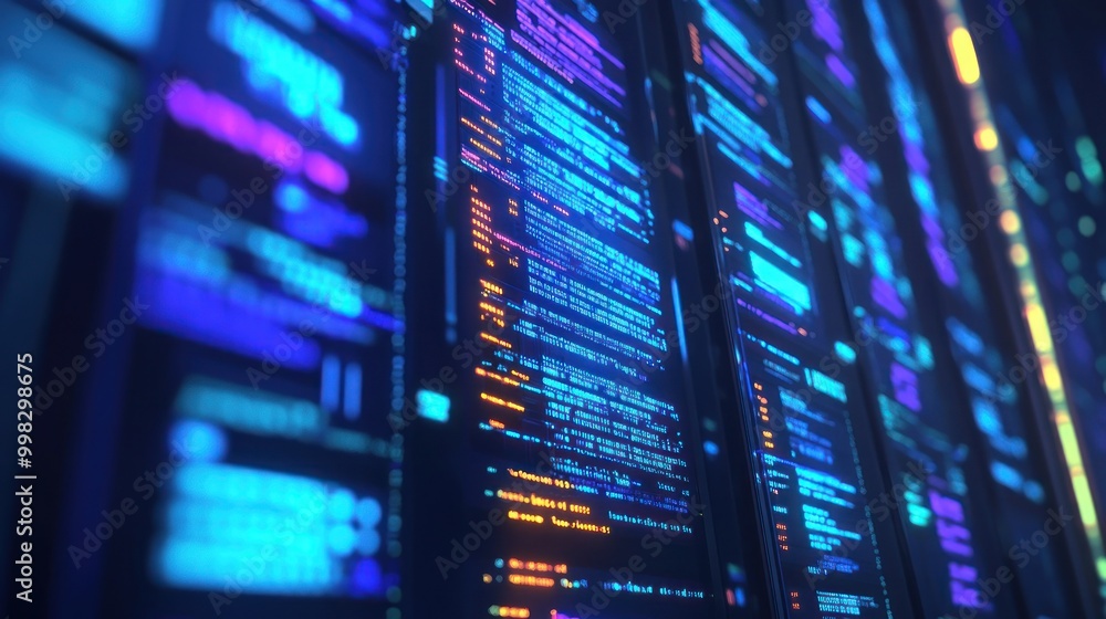 Poster abstract futuristic technology background with rows of glowing code lines.