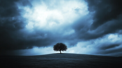 Solitary Tree on Hill Under Stormy Skies: Nature's Resilience Amidst Turmoil