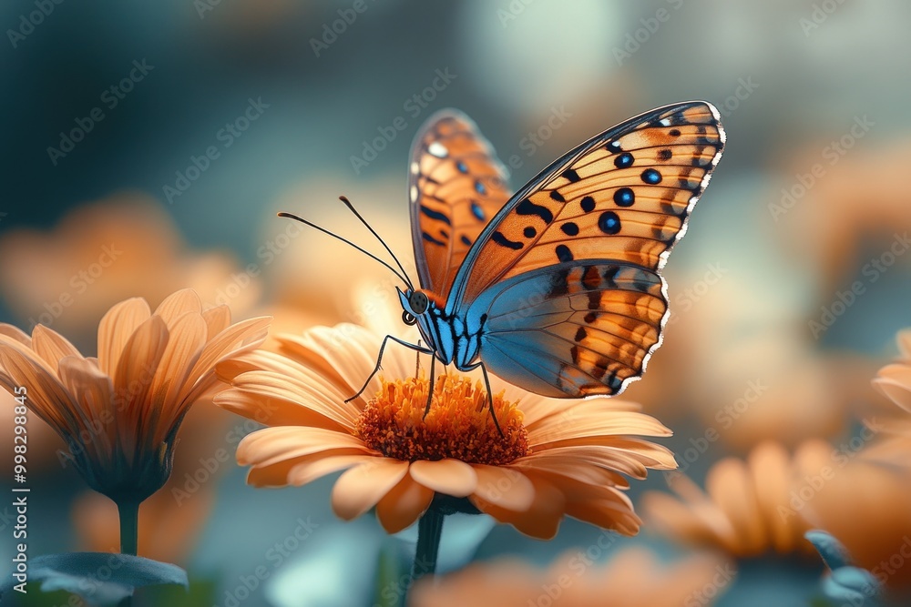 Canvas Prints A vibrant butterfly with orange and blue wings sits on a yellow daisy with green foliage and a blurred background.