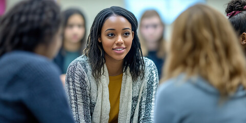 The Patient Educator: A woman patiently explaining a complex concept to a group of students.