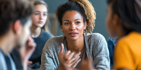 Obraz premium The Patient Educator: A woman patiently explaining a complex concept to a group of students.
