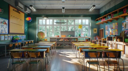 Classroom with colorful math stations.