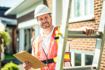 inspector or engineer with ladder checking the building structure and house roof specifications. © Louis-Paul Photo