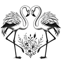 Black and white illustration of two flamingos facing each other with floral elements