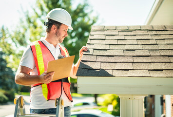man with hard hat standing on steps inspecting house roof