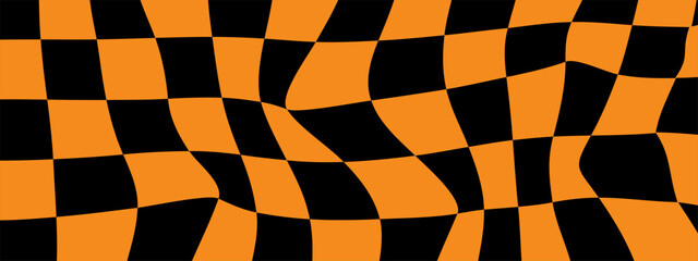 Obraz premium Halloween checkered pattern. Psychedelic Checkerboard. Groovy orange background. Hippie backdrop. Y2k aesthetic. Retro vector illustration. Postcard in trendy 70s cartoon style.