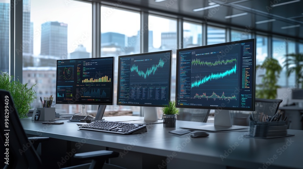 Poster modern office setup with multiple computer screens