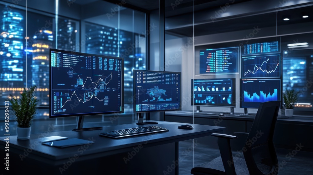 Poster modern business office with multiple computer screens