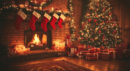 Obraz premium A cozy living room decorated for Christmas with a fireplace, stockings hanging on the wall above it, and presents scattered around