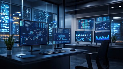 Naklejka premium Modern Business Office with Multiple Computer Screens