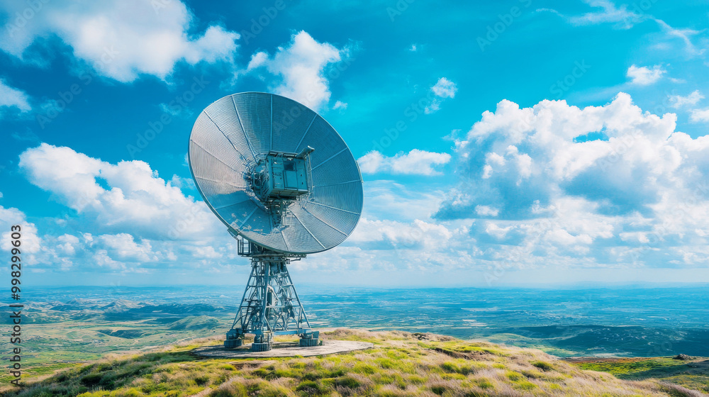 Wall mural a radar array rotating and scanning sky, searching for signals against backdrop of beautiful clouds 