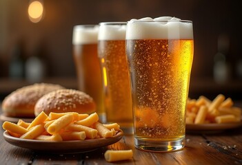 Golden Hour Glow: Illuminated Beer Glasses and Appetizing Snacks 