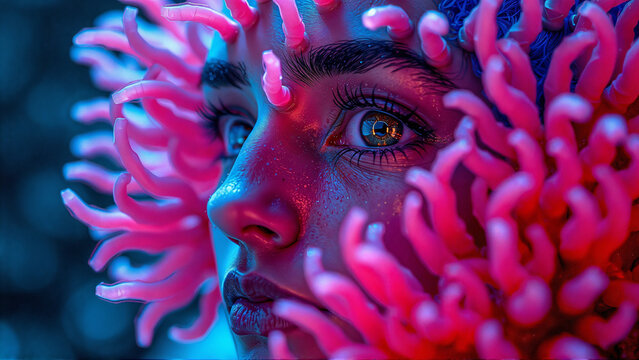 a closeup portrait of  woman face. young woman with neon pink and blue bioluminescent sea anemones hair,