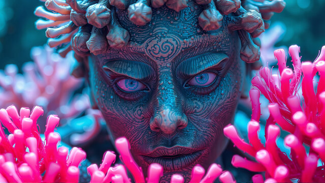 a human face made of metal and stone. neon pink and blue bioluminescent sea anemones around man, 