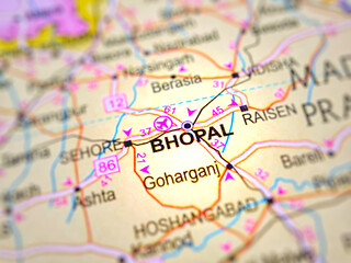 Bhopal on a map of India with blur effect.