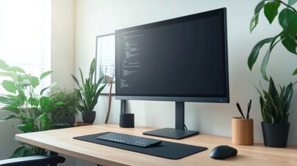 Fototapeta premium Contemporary Office Desk Setup with Large Monitor