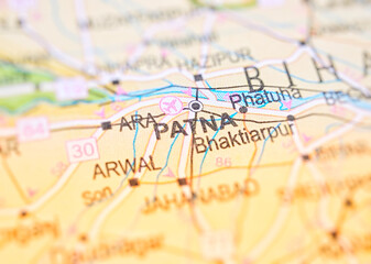 Patna on a map of India with blur effect.