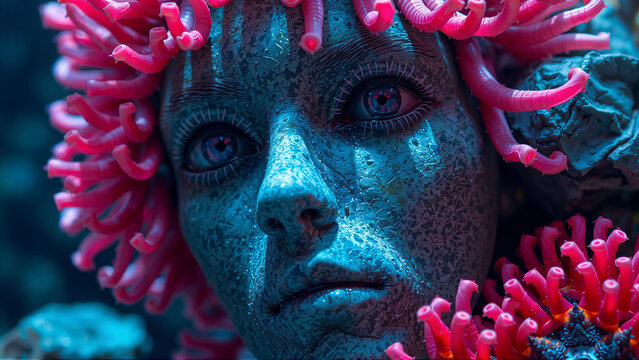 a man with a pink bioluminescent sea anemones hair. man made of stone