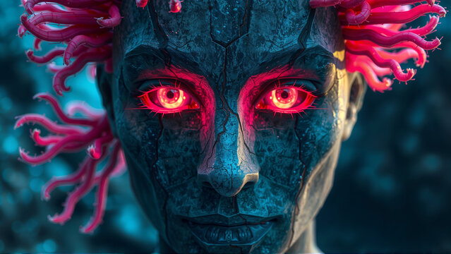 a human with red glowing eyes and a pink bioluminescent sea anemones hair. man made of stone has cracks on a face