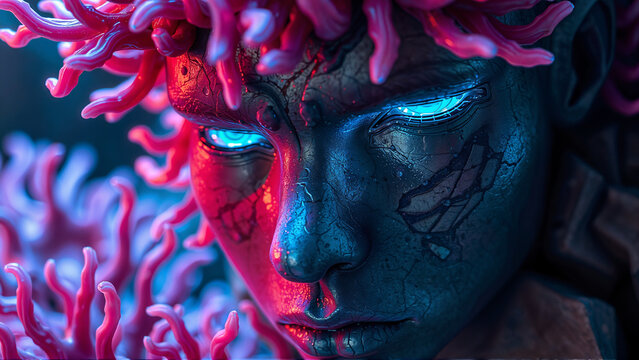 a human face made of metal and stone, neon pink bioluminescent sea anemones hair and glowing eyes