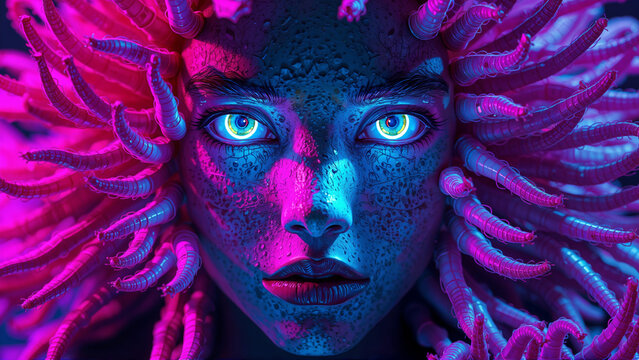 a human face made of stone with neon pink and blue bioluminescent sea anemones hair and blue glowing eyes,
