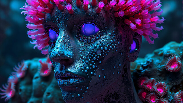 a human face made of metal and stone. neon pink and blue bioluminescent sea anemones hair