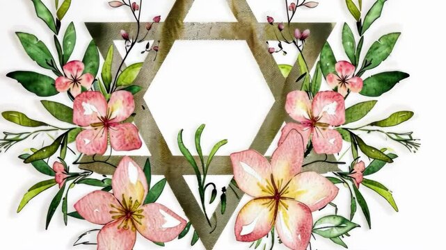 Elegant floral hexagram design with pink flowers and green foliage