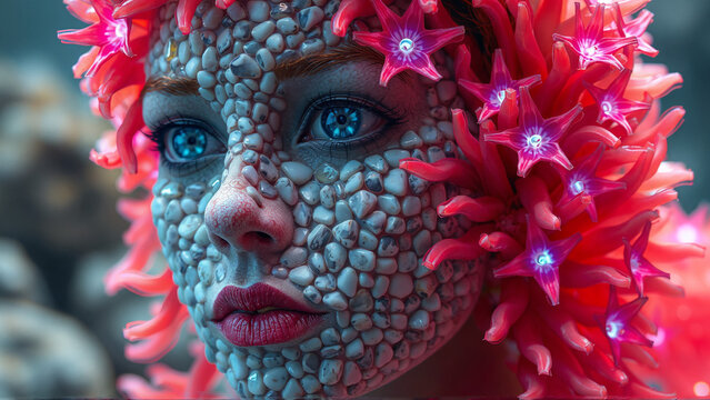 a woman with blue glowing eyes and a pink bioluminescent sea anemones hair. woman with face made of small stones