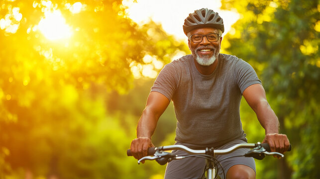 A senior Black African American man with warm smile enjoys cycling in sunlit park, surrounded by greenery. His joyful expression reflects happiness of outdoor activities - Powered by Adobe