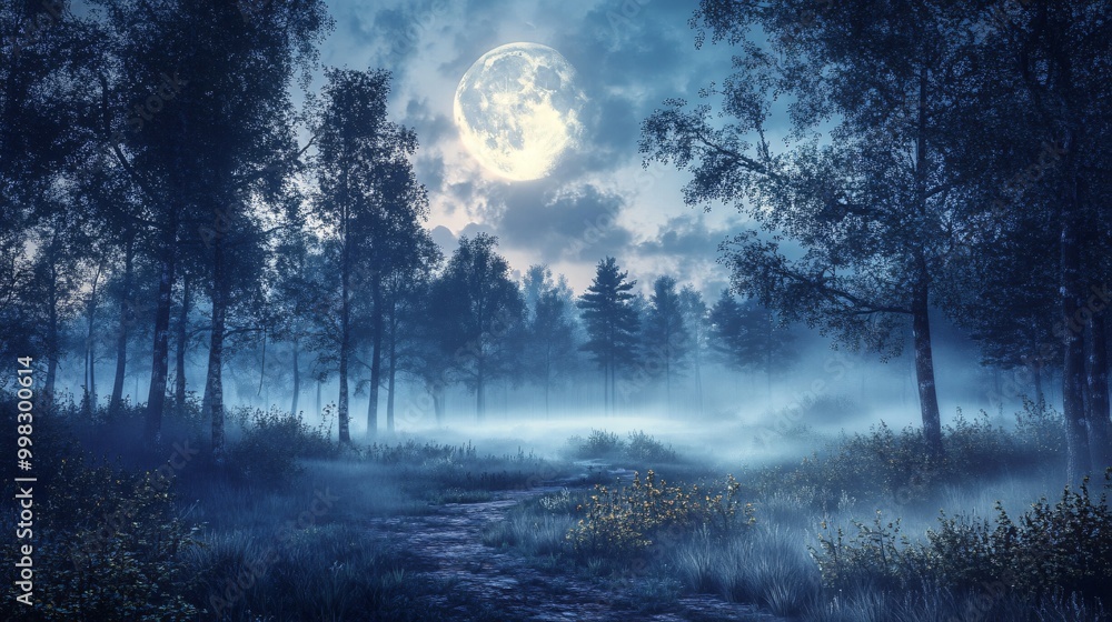 Poster a mystical forest path under a full moon, illuminated by a soft glow, surrounded by fog and tall tre