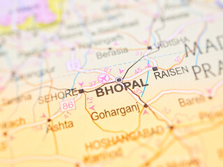 Bhopal on a map of India with blur effect.